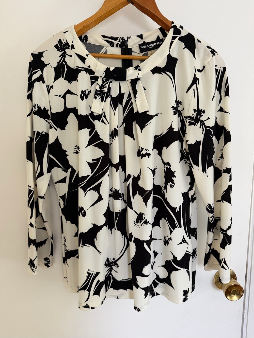 Karl Lagerfeld Black and White Floral Tie-Neck Blouse